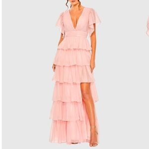 MAC DUGGAL Pink Flutter Sleeve Ruffle Tiered Maxi Gown - Reemoly